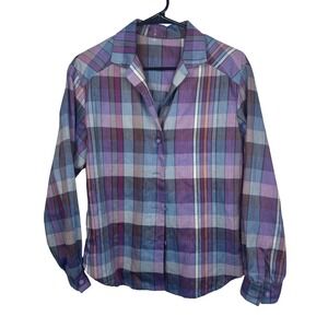 Womens Plaid Button Up Shirt Long Sleeve Purple Blue Vintage Top